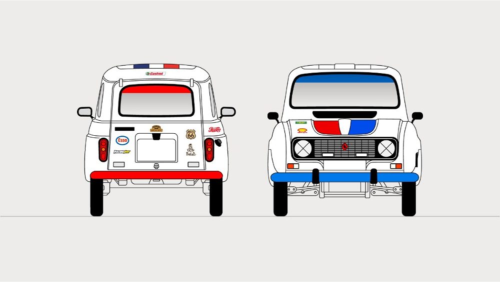 Front and rear elevations with sponsor decals