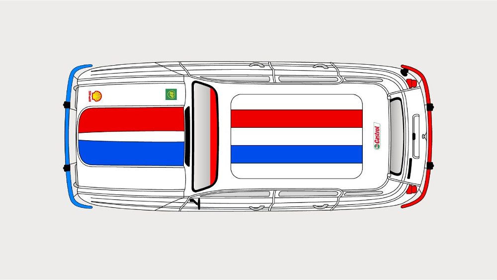 Plan view: tricolour panels across roof and bonnet